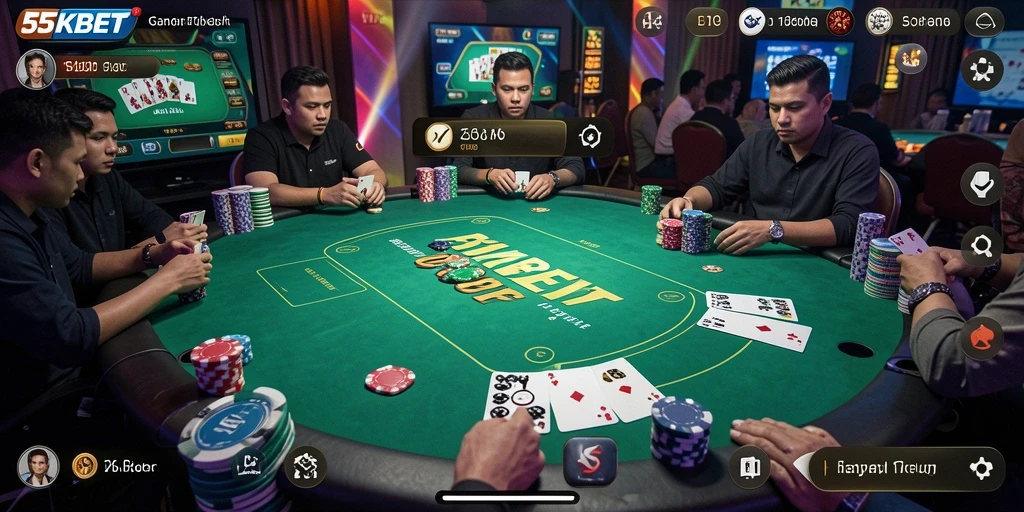 Gameplay mendebarkan dalam aplikasi Poker 55KBET.