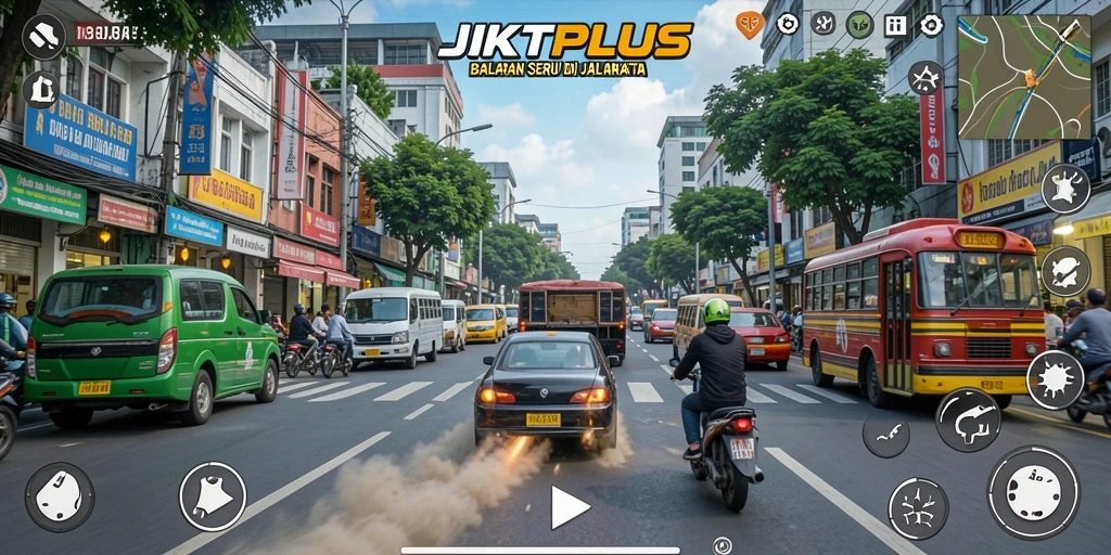 Screenshot JKTPLUS menampilkan aksi balapan yang mendebarkan di jalanan Jakarta.